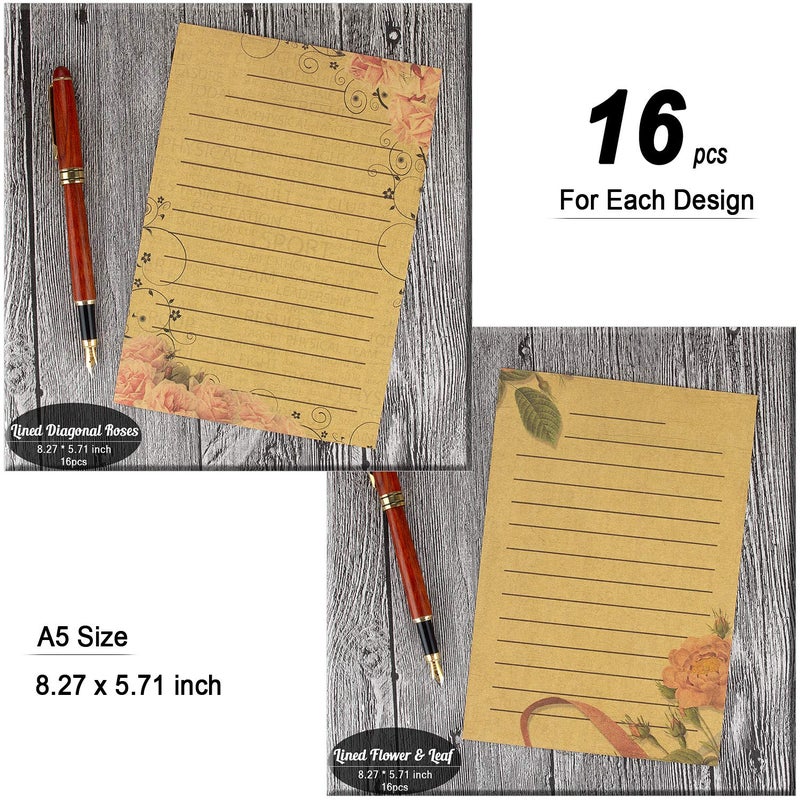 CenterZ 128 Sheets 8 Style Vintage Stationary Paper, 5.7 x 8.3 inch A5 Size 100gsm Kraft Floral Printed Letter Writing Stationery Bulk Set for Personalized Letters, Creative Poems, Lyrics, Notes, etc. - Image 5